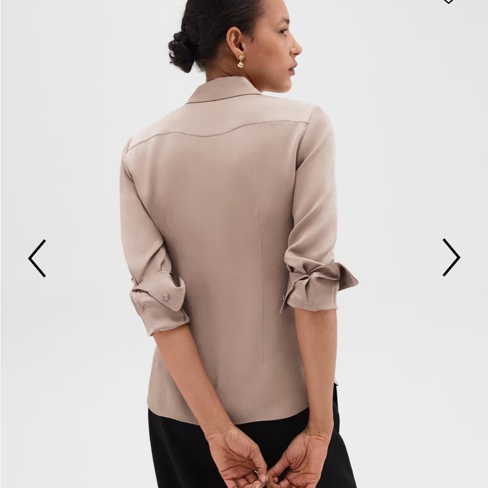 Theory Grey Gorgeous Silk Classic Fitted Collared Long Sleeve Blouse - S/M - Picture 6 of 16